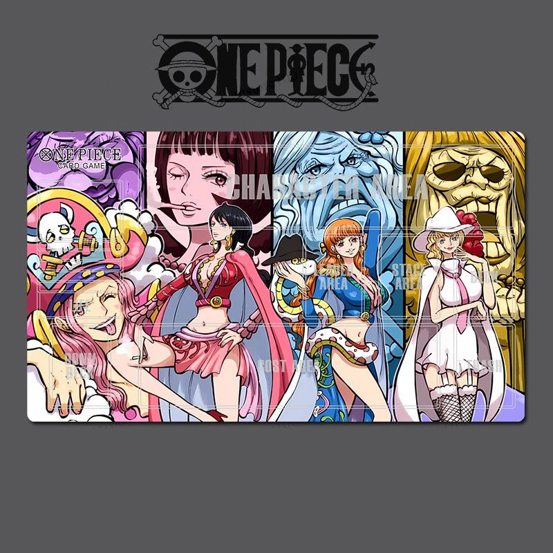 A rectangular anime art print featuring multiple One Piece characters in a colorful collage layout, shown against a dark gray background with the One Piece logo above it.