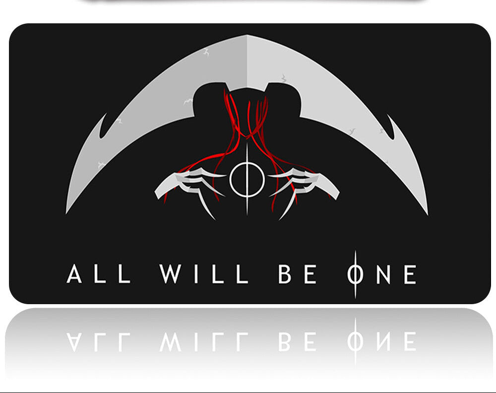Black card with a design of two hands holding a weapon, red veins, and 'All Will Be One' text. Above it, there is a silver and black tool.