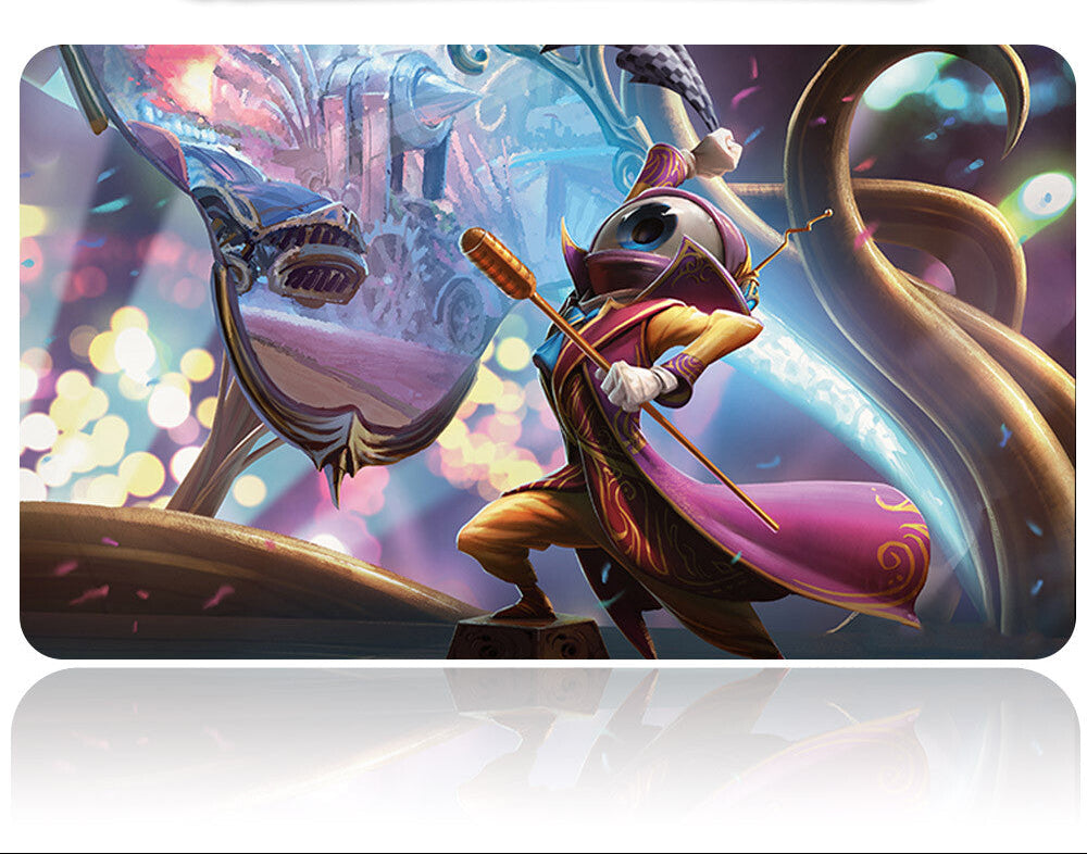 Fantasy-themed mouse pad with a character holding a staff against a colorful, blurred background.