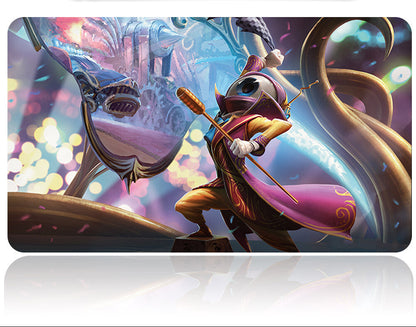 Fantasy-themed mouse pad with a character holding a staff against a colorful, blurred background.