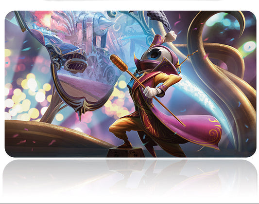 Fantasy-themed mouse pad with a character holding a staff against a colorful, blurred background.