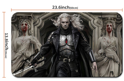 Character with a sword and ornate background with measurements