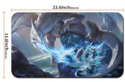 Dragon-themed mouse pad with dimensions and strap shown