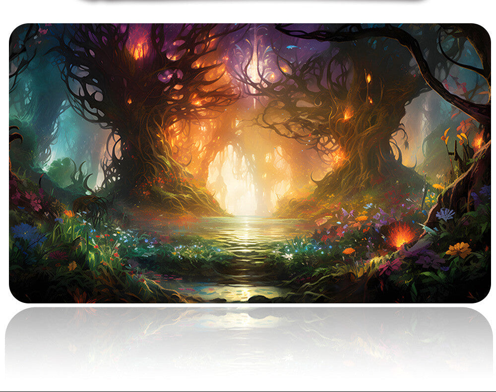 Fantasy forest scene with a glowing light at the center, featuring a product on top.