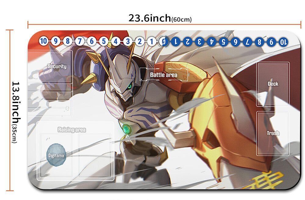 Card game mat with character illustration and measurements