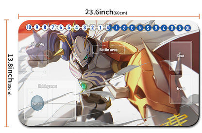 Card game mat with character illustration and measurements