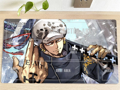 Anime character on a clear playmat with game text