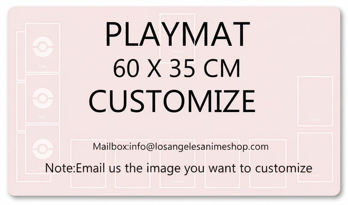 Playmat template with dimensions 60 x 35 cm and customization instructions on a pink background.