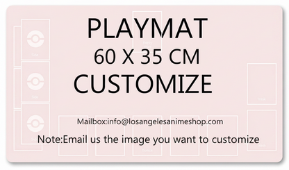 Playmat template with dimensions 60 x 35 cm and customization instructions on a pink background.