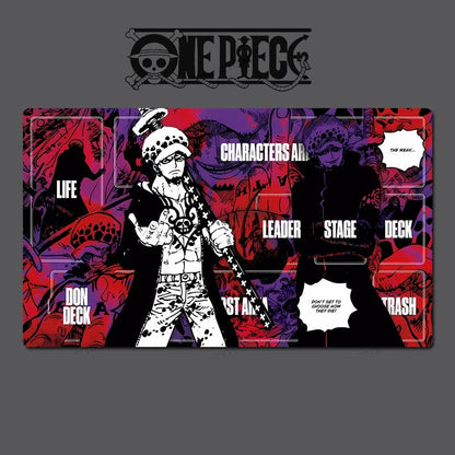 One Piece-themed playmat with character design and text on a dark background