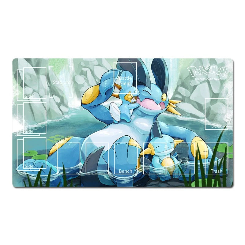 A rectangular Pokémon playmat featuring a water-themed illustration of Suicune in blue, white, and yellow tones, with printed game area labels such as Battle Field, Base, Bench, and Trash on a white background.