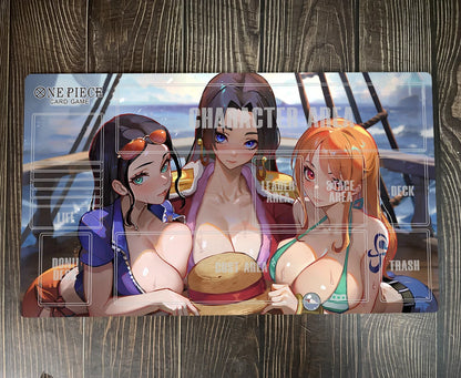 Card game character card with three animated characters on a wooden surface