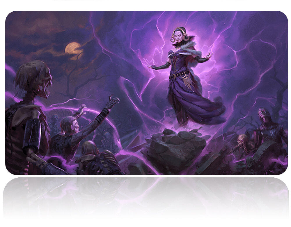 Fantasy scene with a character surrounded by purple energy, with a pen on a white background