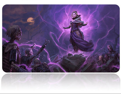 Fantasy scene with a character surrounded by purple energy, with a pen on a white background