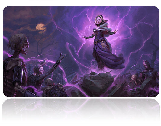 Fantasy scene with a character surrounded by purple energy, with a pen on a white background