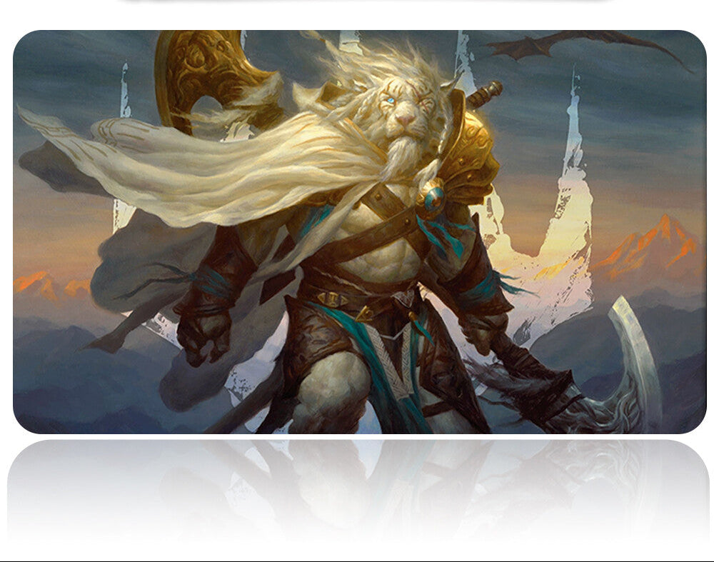 Mouse pad with warrior design and pen on a white background
