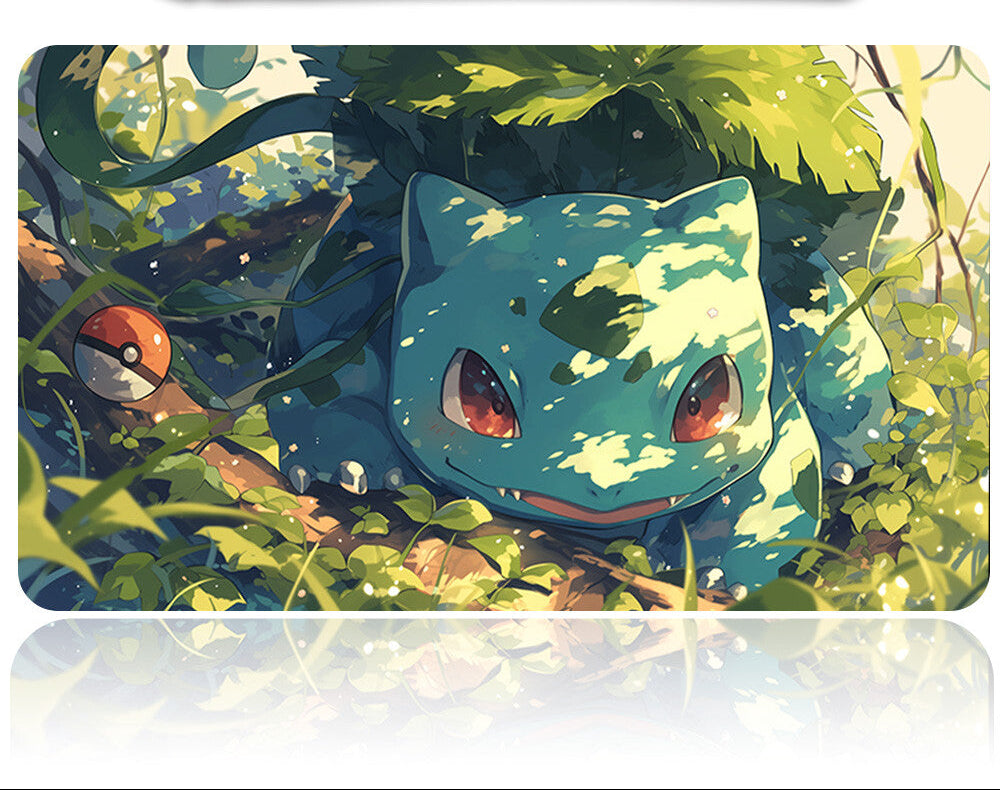 Illustration of a blue creature with red eyes in a forest setting, with a Poké Ball and Poké Ball holder above.