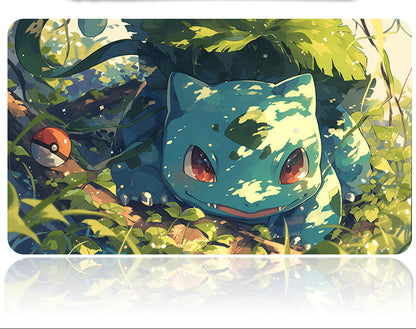 Illustration of a blue creature with red eyes in a forest setting, with a Poké Ball and Poké Ball holder above.