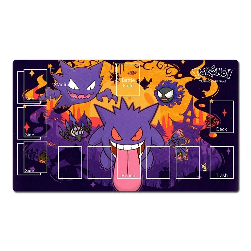 A rectangular Pokémon trading card playmat featuring Gengar artwork and labeled card zones including Stock, Side, Battle Field, Deck, and Trash, shown on a plain white background.