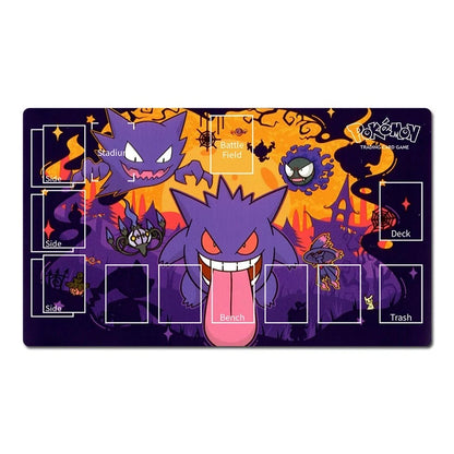 A rectangular Pokémon trading card playmat featuring Gengar artwork and labeled card zones including Stock, Side, Battle Field, Deck, and Trash, shown on a plain white background.