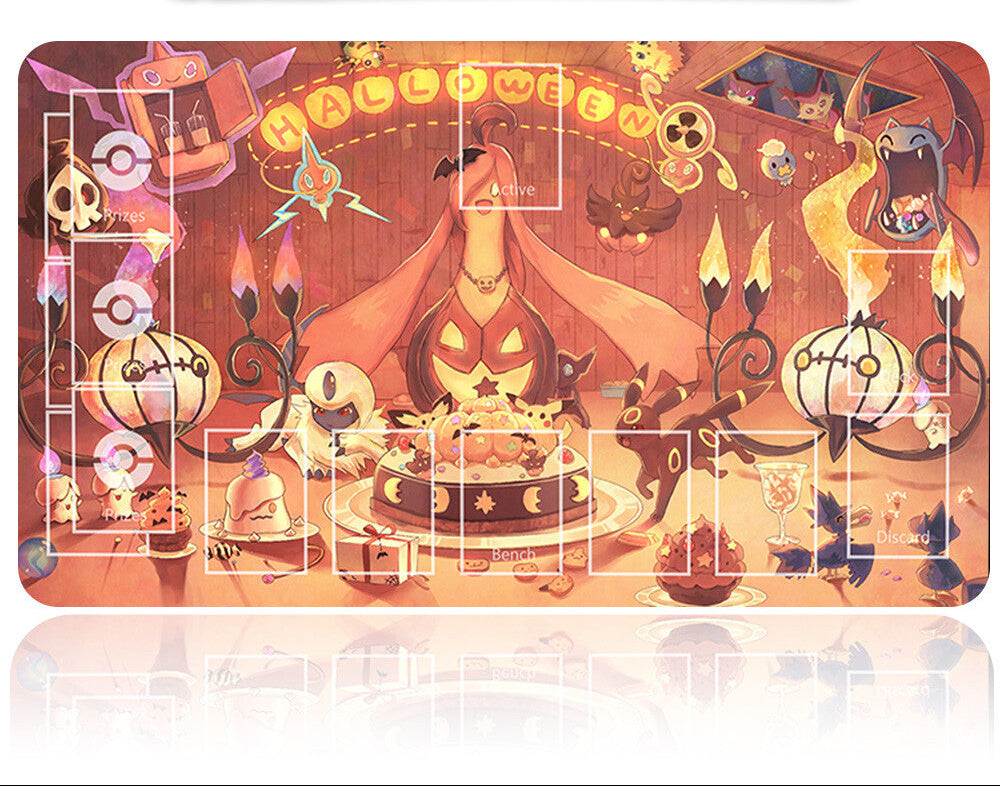 Halloween-themed product with pumpkins, ghosts, and a cake on a decorative mat.