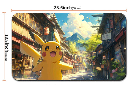 Pikachu in an animated setting with dimensions and a pouch below.