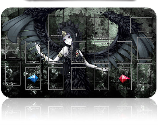 Large mouse pad with fantasy design featuring a dark angel and various icons.
