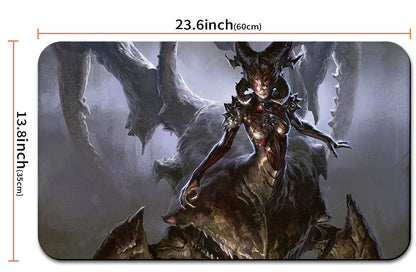 Illustration of a character on a wolf with dimensions and a pouch below.