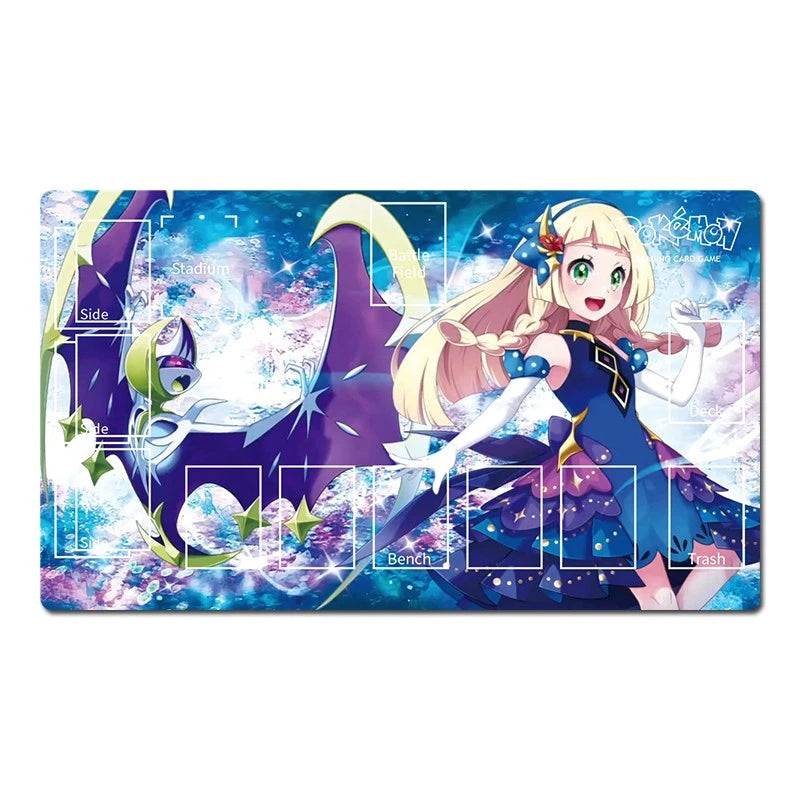 A rectangular Pokémon TCG playmat featuring a vibrant illustration of a blonde female character in a blue dress alongside a purple dragon, with printed game area markings including 'Side', 'Bench', and 'Hand'.