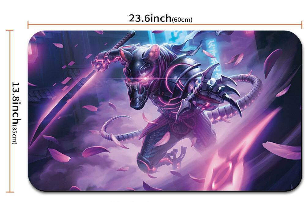 Mouse pad with dragon design and measurements, including a carrying strap.