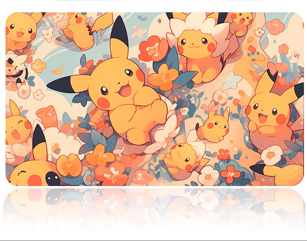Pokémon-themed mouse pad with Pikachu and other characters on a floral background, accompanied by a retractable pen.