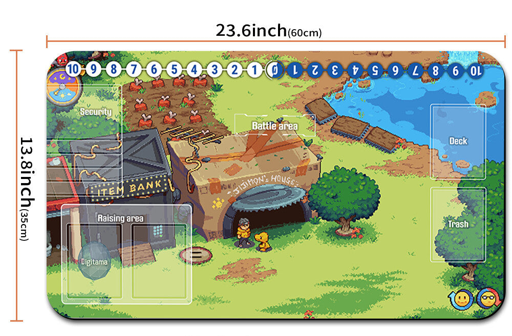 Board game mat with game layout and dimensions displayed