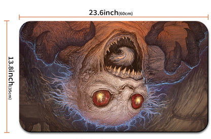 Monster-themed product with dimensions and a drawstring bag shown below.