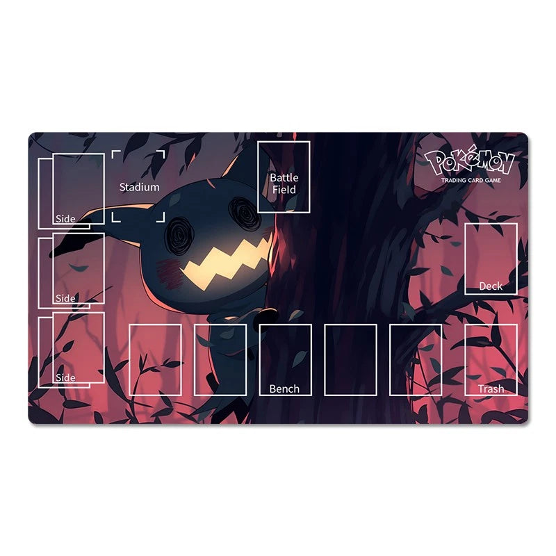 A rectangular Pokémon trading card game playmat featuring a dark forest illustration with a glowing character and labeled card zones including Stadium, Battle Field, Deck, Trash, Bench, and Side.