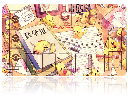 Illustrated Pikachu characters in a classroom setting with stationery items.