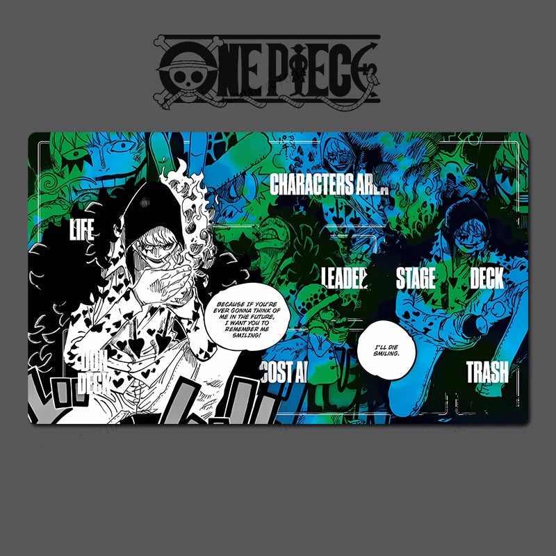 One Piece-themed card game mat with character illustrations and text on a dark background