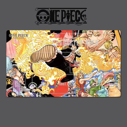 Collage of One Piece characters on a card game mat with 'One Piece' branding.