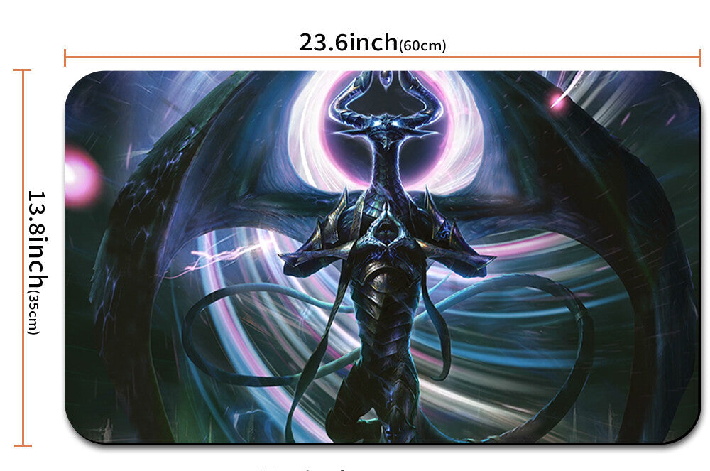 Mouse pad with fantasy design and measurements, including a drawstring bag.
