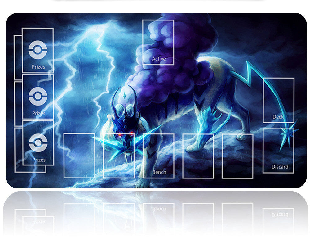 Pokémon trading card game mat with a dragon-like creature design and card holder.