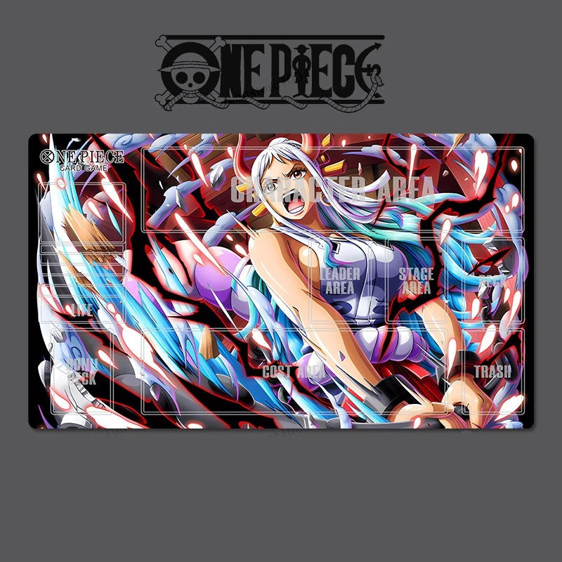 Card with anime character design on a gray background, featuring the One Piece logo.