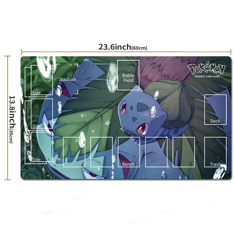 Pokémon Trading Card Game playmat with a water-themed design featuring Bulbasaur, shown with printed layout labels and dimension markings of 23.6 inches by 13.