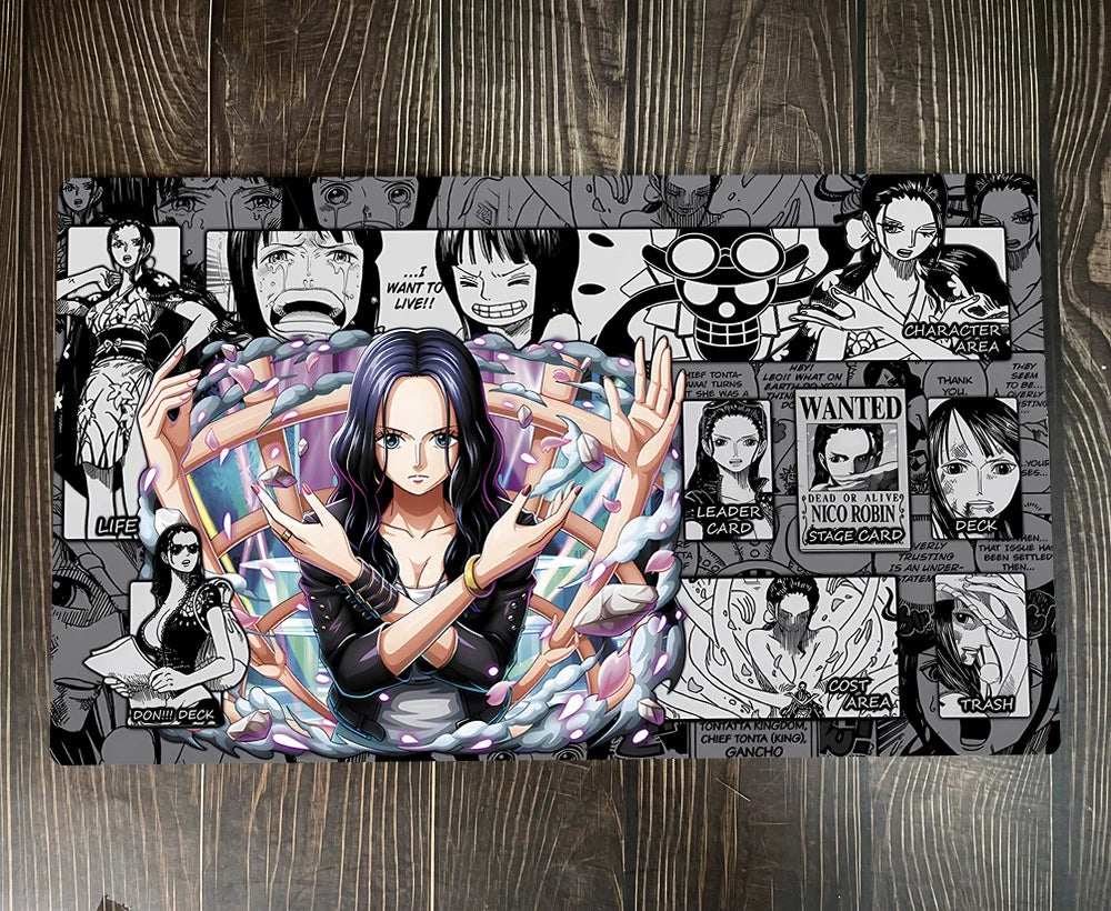 A rectangular printed mat or rug featuring One Piece anime artwork, including Nico Robin in the center, black-and-white character panels around her, and multiple One Piece WANTED posters, photographed on a dark wood floor.