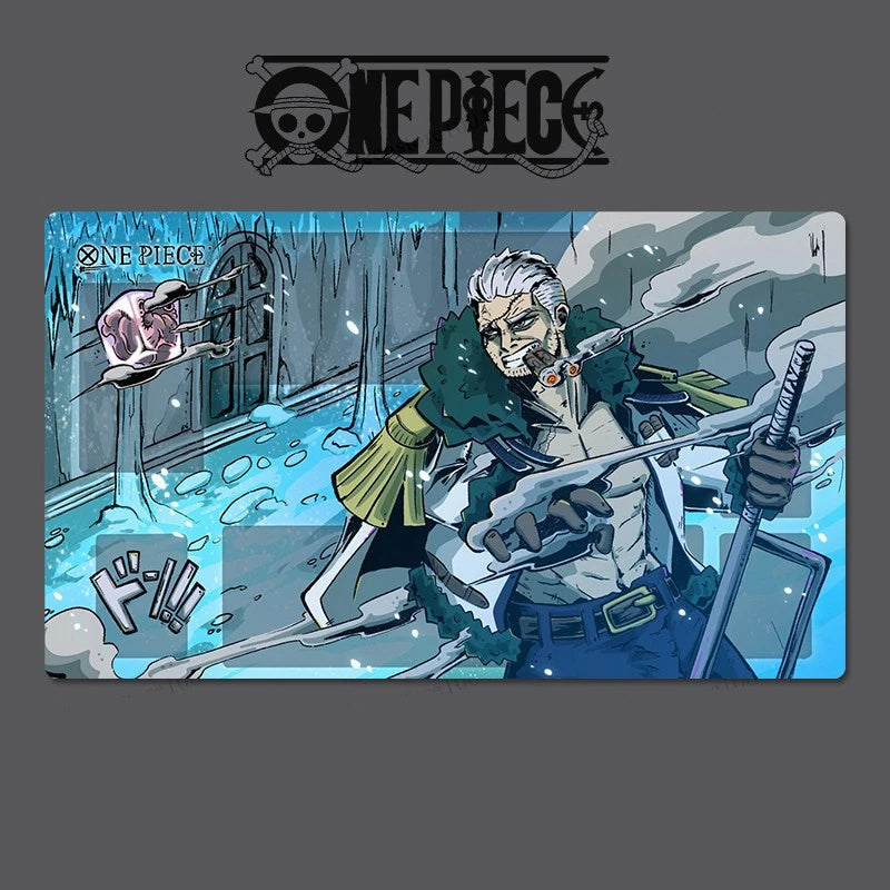Character from 'One Piece' holding a sword in a snowy setting with the 'One Piece' logo above.