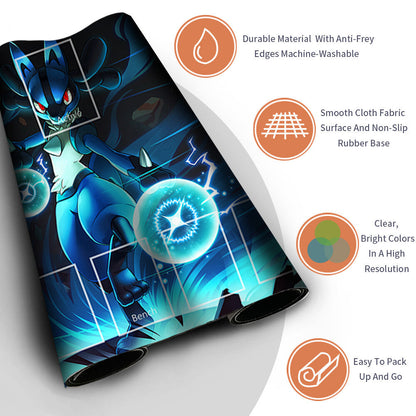 NEW Pokemon Lucario Playmat Stitched Edge with Card Zones Rubber Game Playmat Stitched Edge of TCG