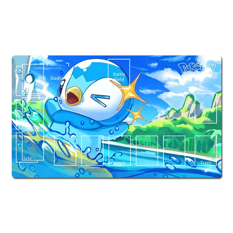 A rectangular Pokémon-themed playmat featuring a blue water-droplet illustration with the Pokémon logo in the top right and printed scoring/position labels around the edges on a white background.