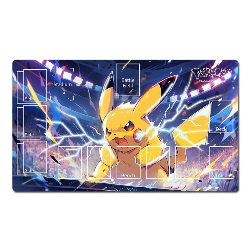A rectangular Pokémon TCG playmat featuring Pikachu in the center with lightning effects and white layout labels for Stadium, Battle Field, Deck, Bench, and Trash on a dark blue background.
