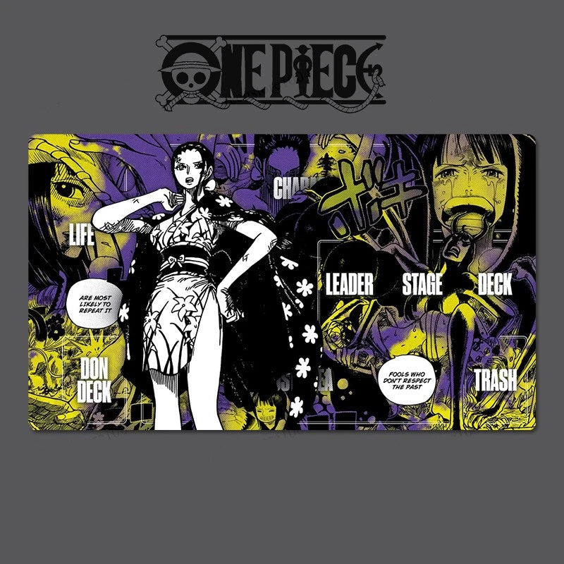 Card design inspired by 'One Piece' with character and text elements on a dark background