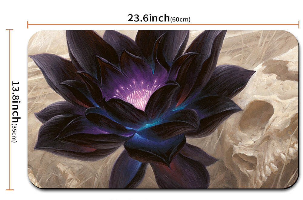 Mouse pad with a dark flower design and measurements, including a drawstring bag.