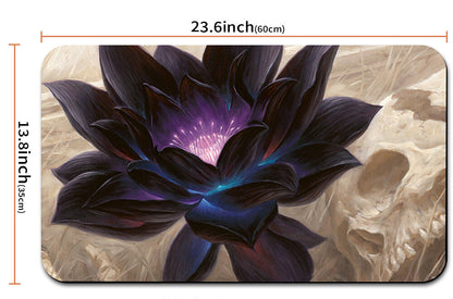 Mouse pad with a dark flower design and measurements, including a drawstring bag.