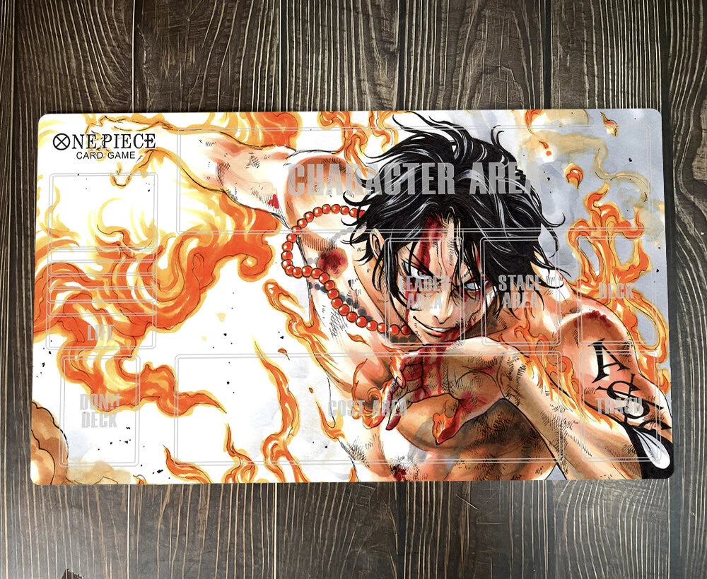 Card game mat with anime character and fiery design on a wooden surface